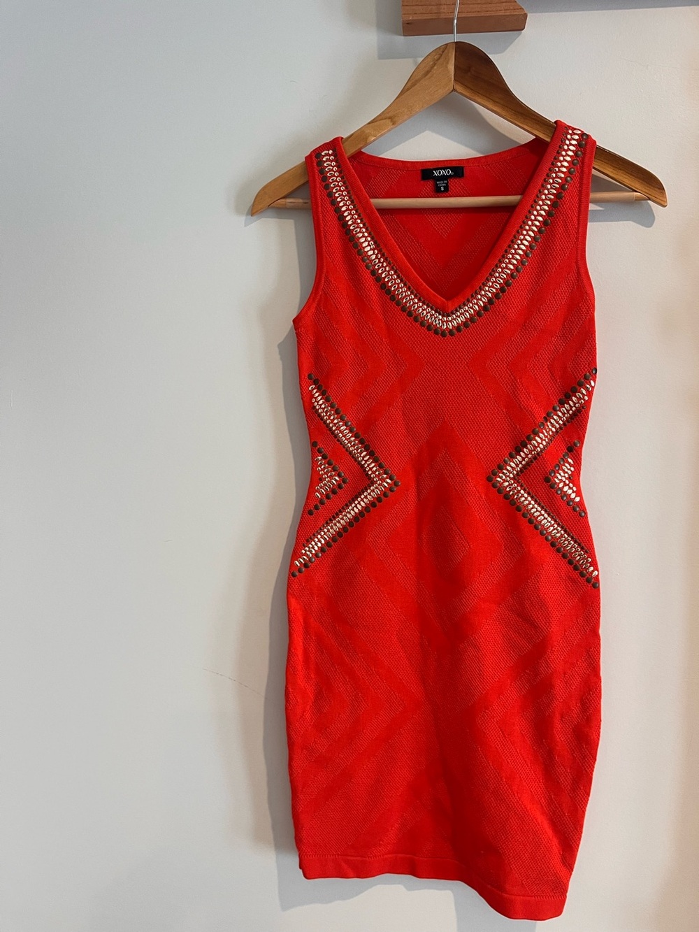 XOXO bodycon dress SMALL orange and gold midi studded bandage v neck
